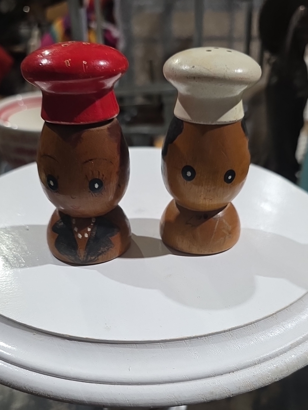 Vintage Wooden Kewpie-Style Salt and Pepper Shakers - Red & Cream Caps